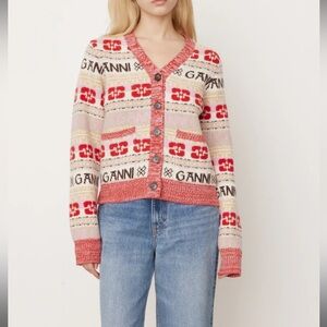 NWT GANNI logo print red jacquard wool blend Cardigan Size XXS